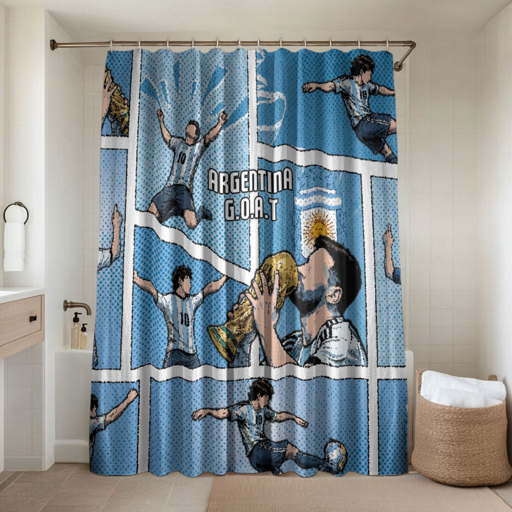 Argentina Football Bathroom Set Goat Comic Style Sun Of May DT05 Shower Curtain Only Blue - Polynesian Pride