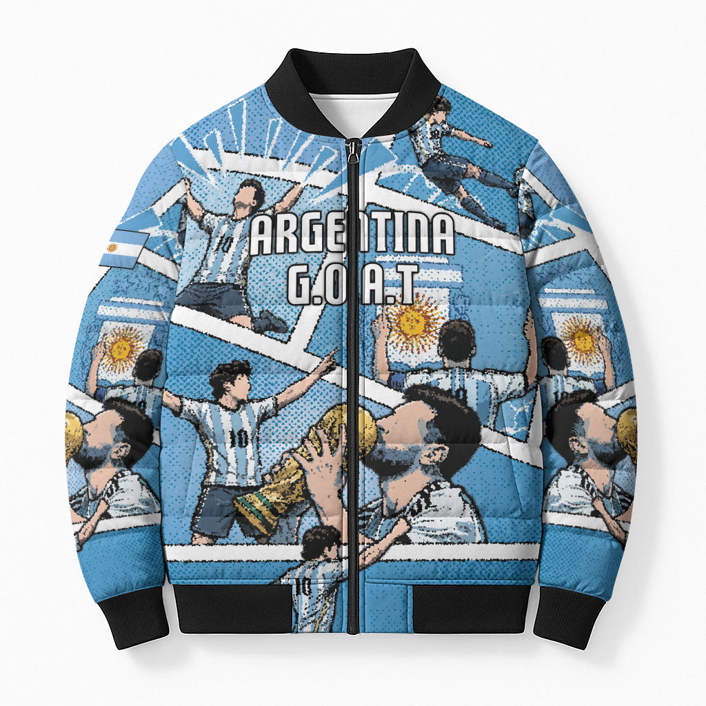 Custom Argentina Football Bomber Puffer Jacket Goat Comic Style Sun Of May DT05 Unisex Blue - Polynesian Pride