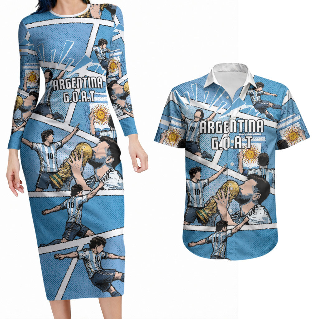 Custom Argentina Football Couples Matching Long Sleeve Bodycon Dress and Hawaiian Shirt Goat Comic Style Sun Of May DT05 Blue - Polynesian Pride