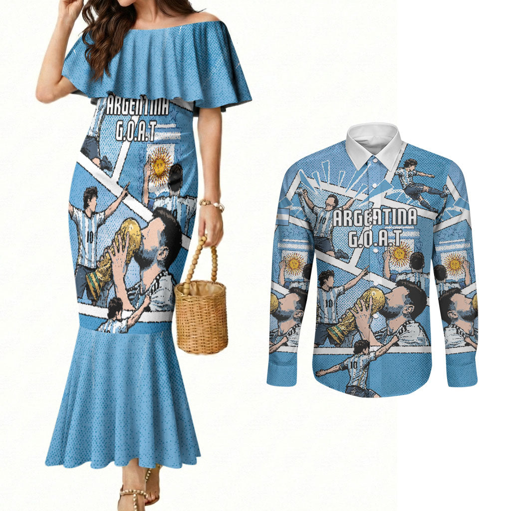 Custom Argentina Football Couples Matching Mermaid Dress and Long Sleeve Button Shirt Goat Comic Style Sun Of May DT05 Blue - Polynesian Pride