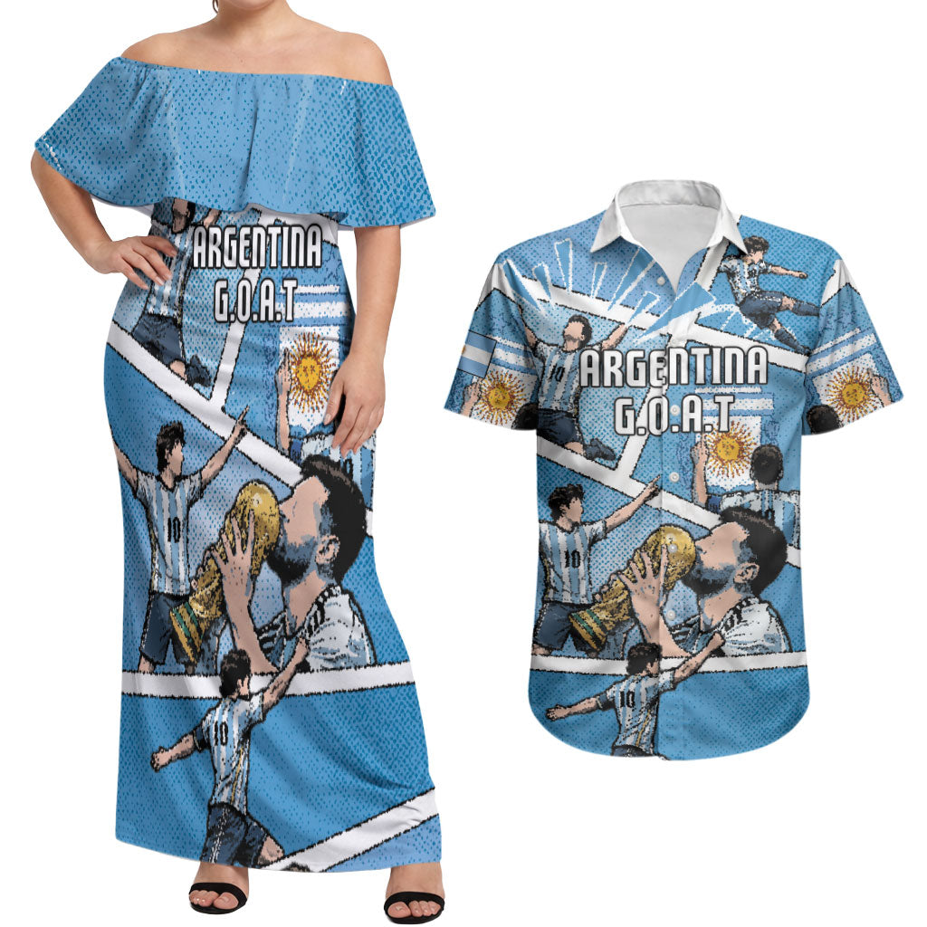 Custom Argentina Football Couples Matching Off Shoulder Maxi Dress and Hawaiian Shirt Goat Comic Style Sun Of May DT05 Blue - Polynesian Pride