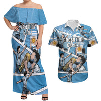 Custom Argentina Football Couples Matching Off Shoulder Maxi Dress and Hawaiian Shirt Goat Comic Style Sun Of May DT05 Blue - Polynesian Pride