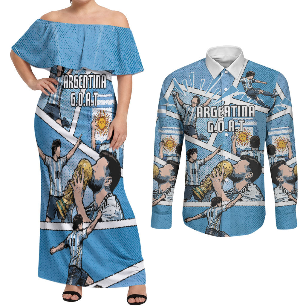 Custom Argentina Football Couples Matching Off Shoulder Maxi Dress and Long Sleeve Button Shirt Goat Comic Style Sun Of May DT05 Blue - Polynesian Pride