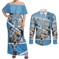 Custom Argentina Football Couples Matching Off Shoulder Maxi Dress and Long Sleeve Button Shirt Goat Comic Style Sun Of May DT05 Blue - Polynesian Pride