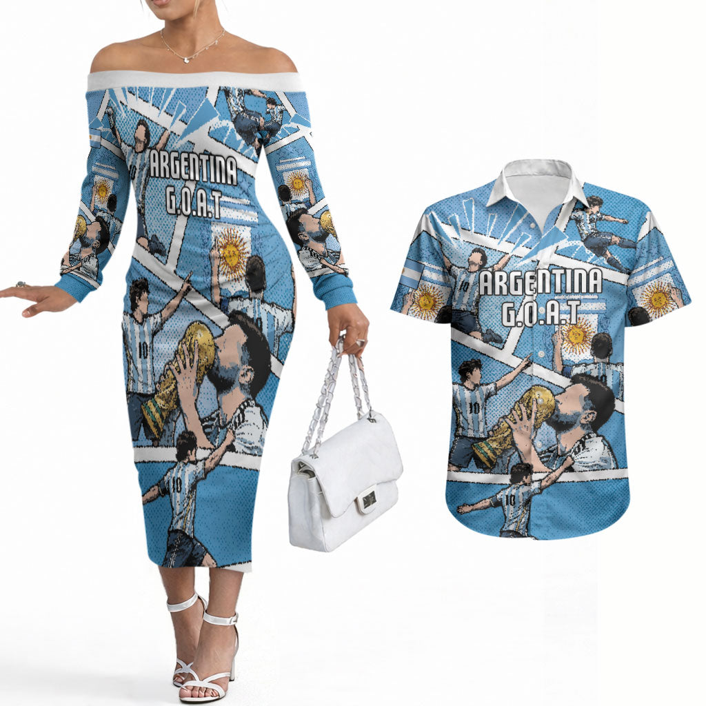Custom Argentina Football Couples Matching Off The Shoulder Long Sleeve Dress and Hawaiian Shirt Goat Comic Style Sun Of May DT05 Blue - Polynesian Pride