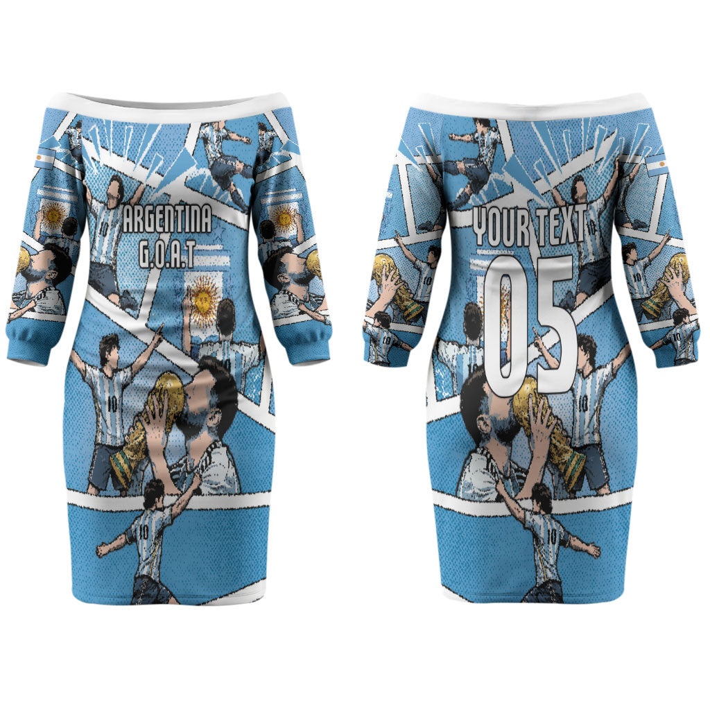 Custom Argentina Football Couples Matching Off The Shoulder Long Sleeve Dress and Long Sleeve Button Shirt Goat Comic Style Sun Of May DT05 - Polynesian Pride