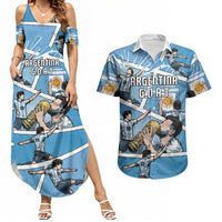 Custom Argentina Football Couples Matching Summer Maxi Dress and Hawaiian Shirt Goat Comic Style Sun Of May DT05 Blue - Polynesian Pride