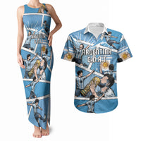 Custom Argentina Football Couples Matching Tank Maxi Dress and Hawaiian Shirt Goat Comic Style Sun Of May DT05 Blue - Polynesian Pride