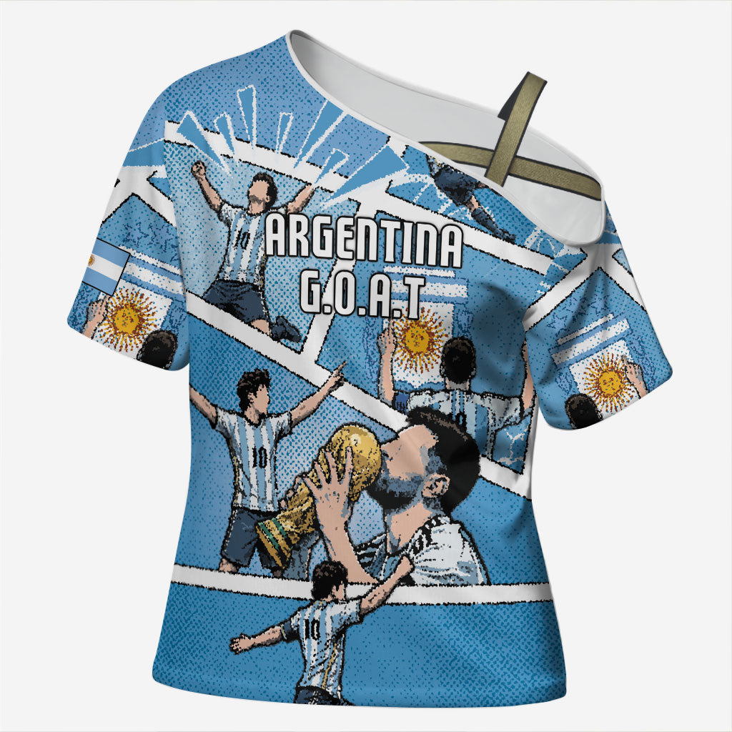 Custom Argentina Football Cross Shoulder Shirt Goat Comic Style Sun Of May DT05 Female Blue - Polynesian Pride