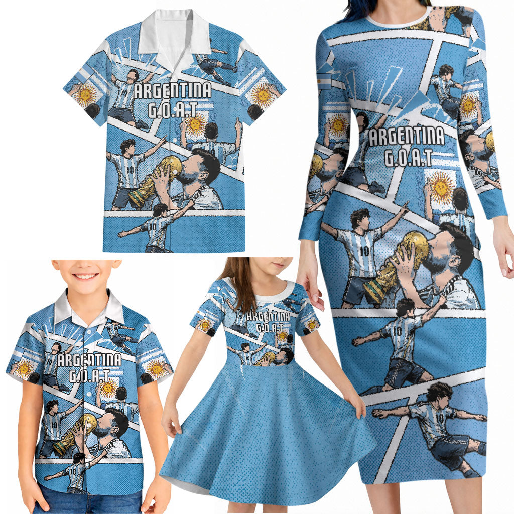Custom Argentina Football Family Matching Long Sleeve Bodycon Dress and Hawaiian Shirt Goat Comic Style Sun Of May DT05 - Polynesian Pride