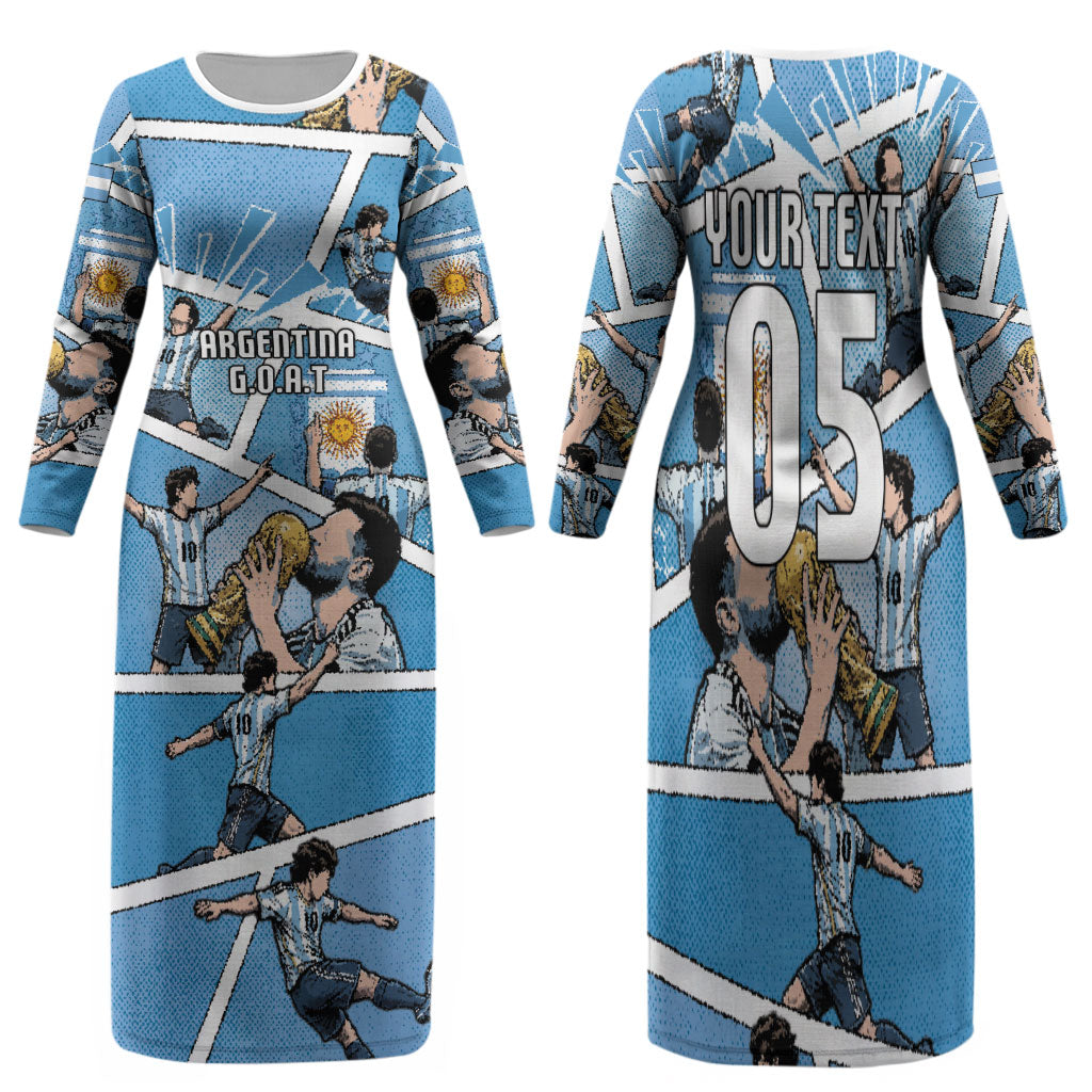 Custom Argentina Football Family Matching Long Sleeve Bodycon Dress and Hawaiian Shirt Goat Comic Style Sun Of May DT05 Mom's Dress Blue - Polynesian Pride