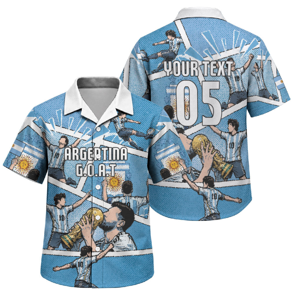 Custom Argentina Football Family Matching Long Sleeve Bodycon Dress and Hawaiian Shirt Goat Comic Style Sun Of May DT05 Son's Shirt Blue - Polynesian Pride
