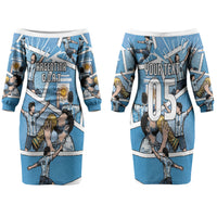 Custom Argentina Football Family Matching Off The Shoulder Long Sleeve Dress and Hawaiian Shirt Goat Comic Style Sun Of May DT05 Mom's Dress Blue - Polynesian Pride
