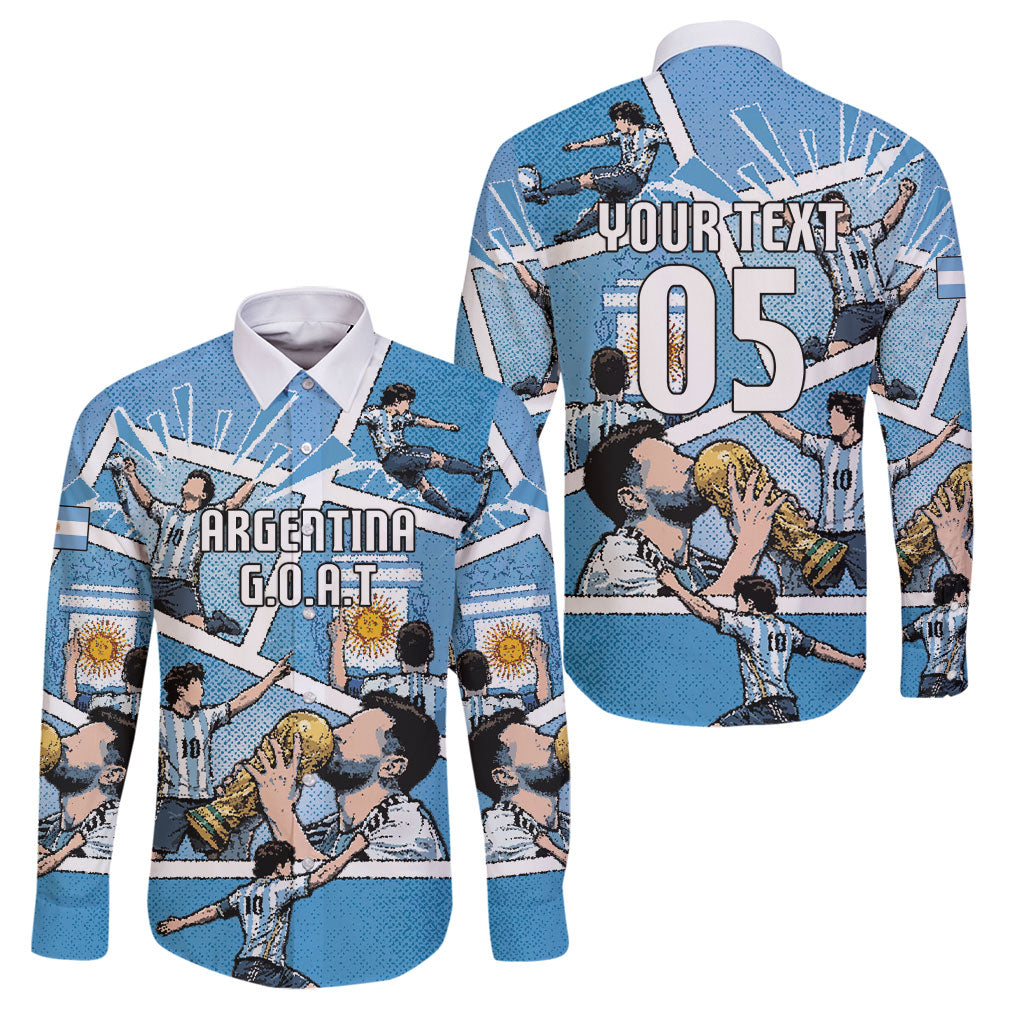 Custom Argentina Football Family Matching Off The Shoulder Long Sleeve Dress and Hawaiian Shirt Goat Comic Style Sun Of May DT05 Dad's Shirt - Long Sleeve Blue - Polynesian Pride