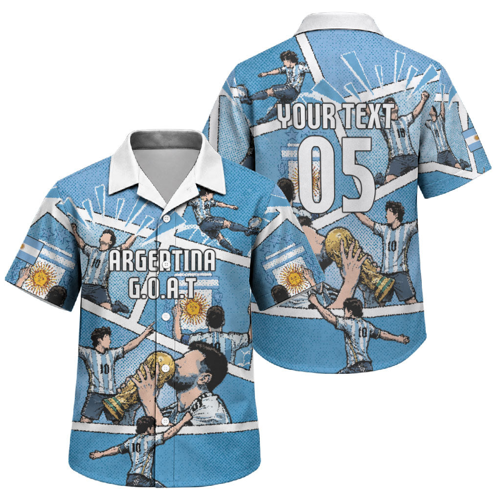Custom Argentina Football Family Matching Off The Shoulder Long Sleeve Dress and Hawaiian Shirt Goat Comic Style Sun Of May DT05 Son's Shirt Blue - Polynesian Pride