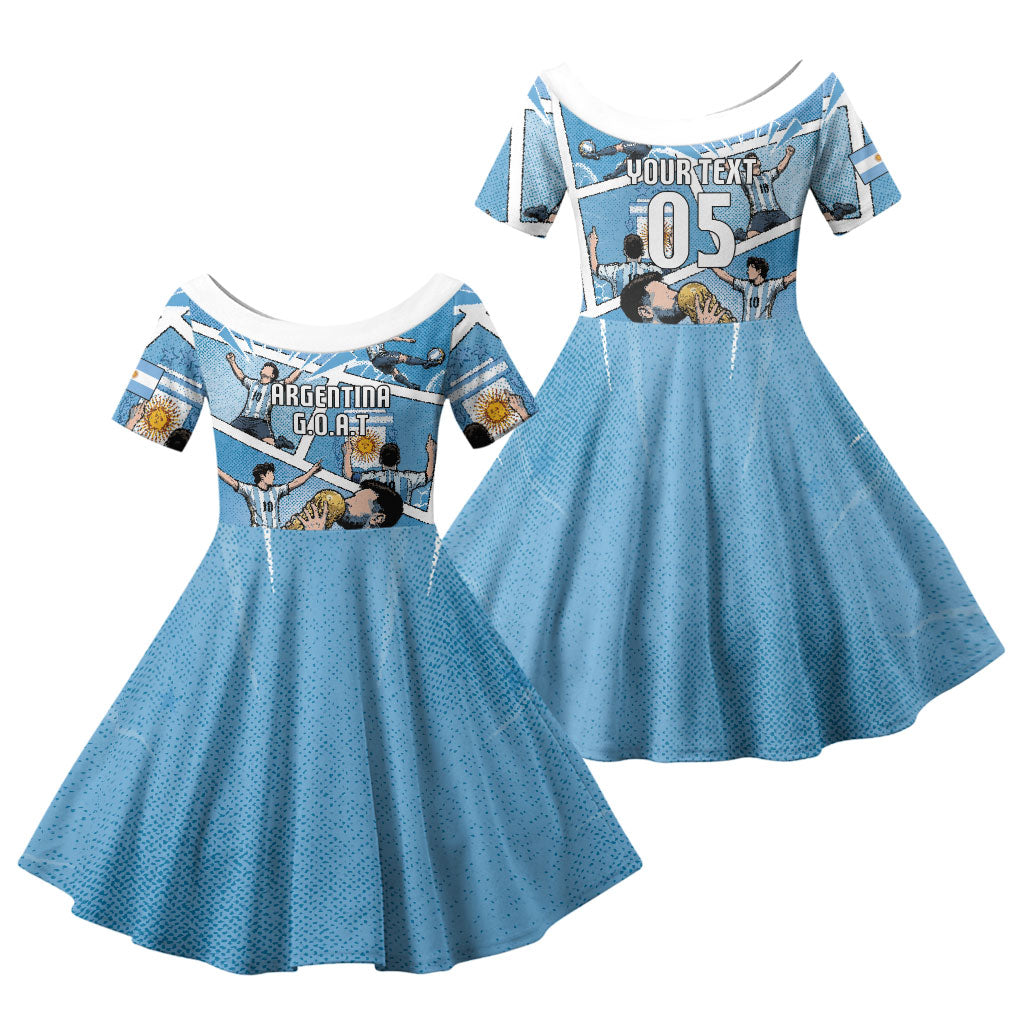 Custom Argentina Football Family Matching Off Shoulder Maxi Dress and Hawaiian Shirt Goat Comic Style Sun Of May DT05 Daughter's Dress Blue - Polynesian Pride