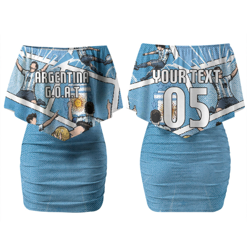 Custom Argentina Football Family Matching Off Shoulder Short Dress and Hawaiian Shirt Goat Comic Style Sun Of May DT05 Mom's Dress Blue - Polynesian Pride