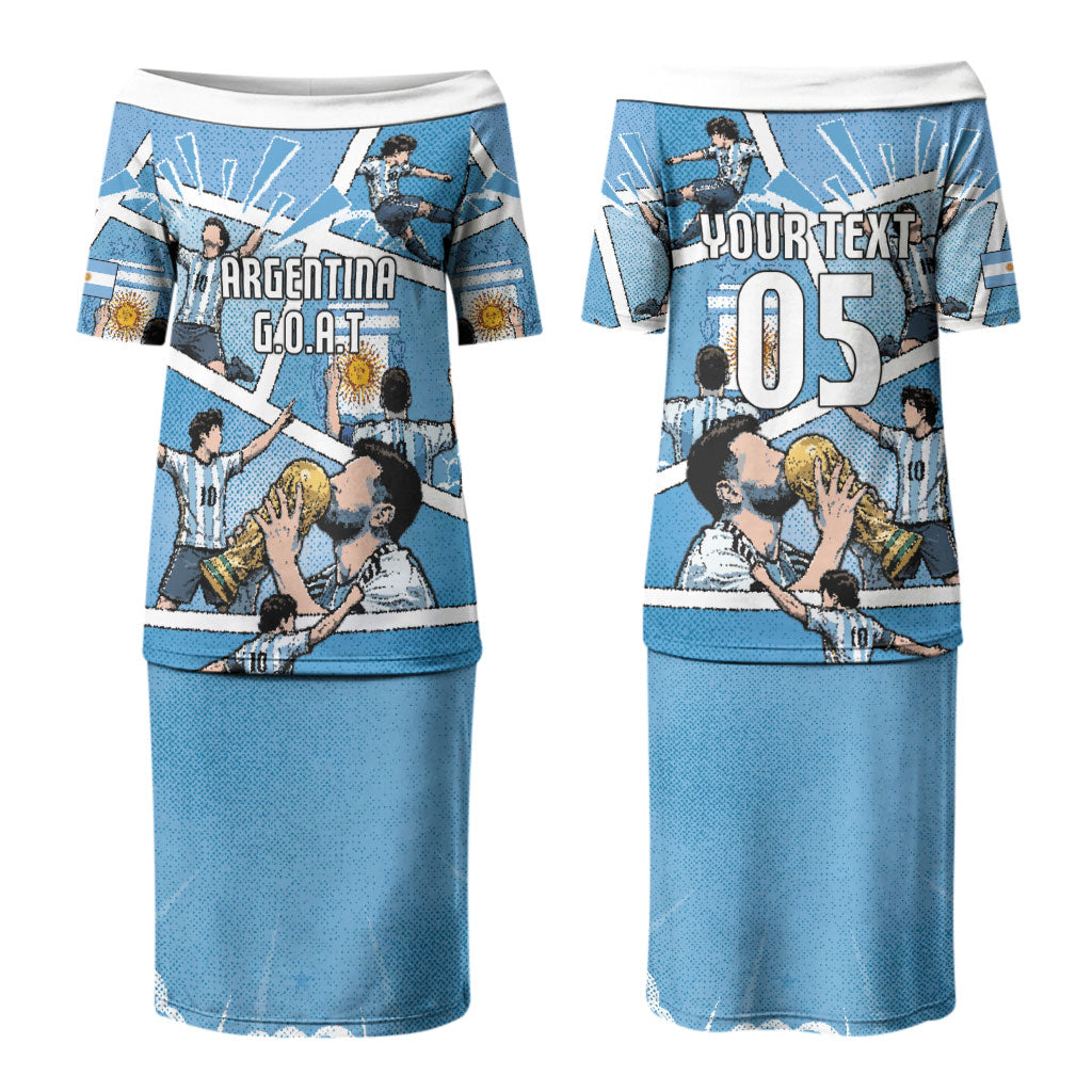 Custom Argentina Football Family Matching Puletasi and Hawaiian Shirt Goat Comic Style Sun Of May DT05 Mom's Dress Blue - Polynesian Pride