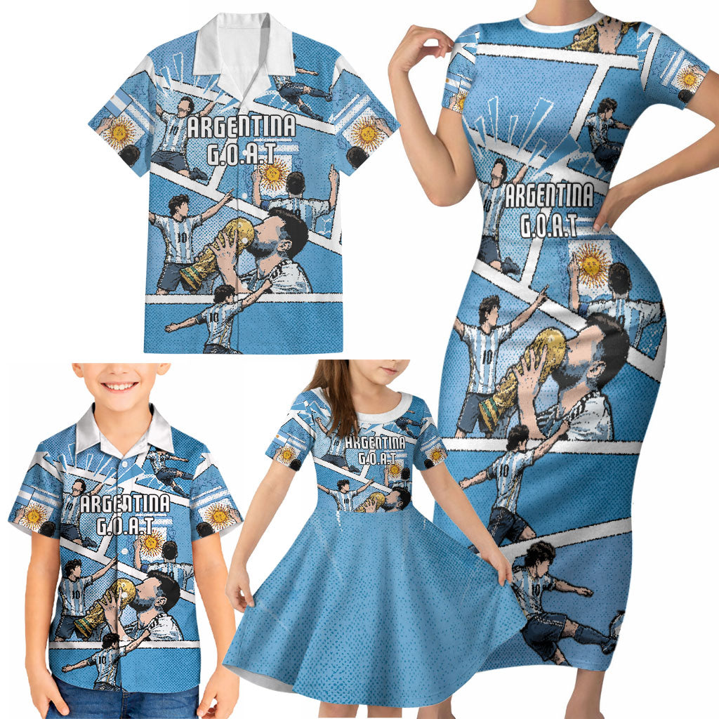 Custom Argentina Football Family Matching Short Sleeve Bodycon Dress and Hawaiian Shirt Goat Comic Style Sun Of May DT05 - Polynesian Pride