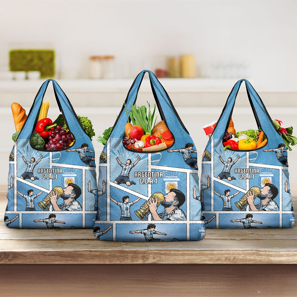 Argentina Football Grocery Bag Goat Comic Style Sun Of May DT05 3-pack One Size Blue - Polynesian Pride