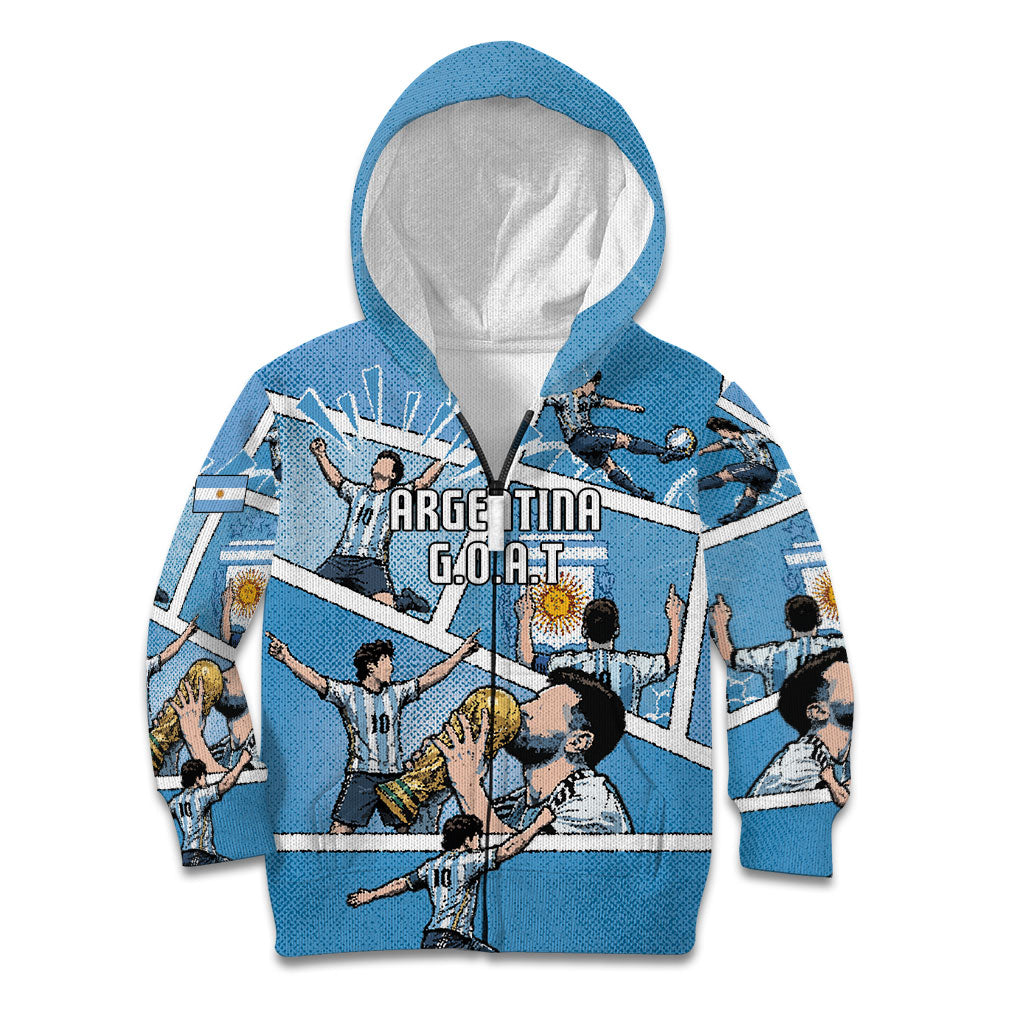 Custom Argentina Football Kid Hoodie Goat Comic Style Sun Of May DT05 Zip Hoodie Blue - Polynesian Pride
