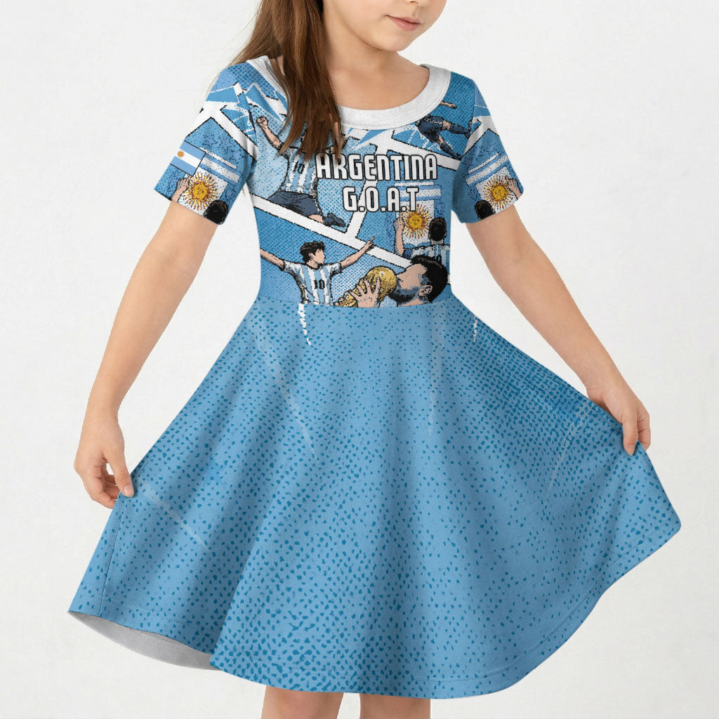 Custom Argentina Football Kid Short Sleeve Dress Goat Comic Style Sun Of May DT05 KID Blue - Polynesian Pride