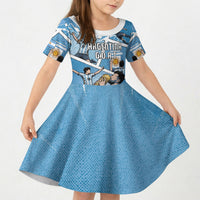 Custom Argentina Football Kid Short Sleeve Dress Goat Comic Style Sun Of May DT05 KID Blue - Polynesian Pride