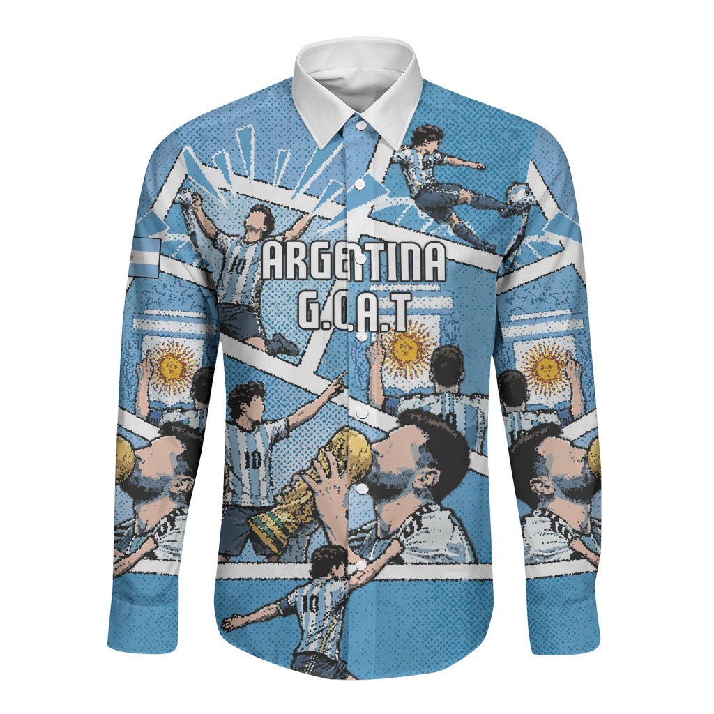 Custom Argentina Football Long Sleeve Button Shirt Goat Comic Style Sun Of May DT05 Unisex Blue - Polynesian Pride