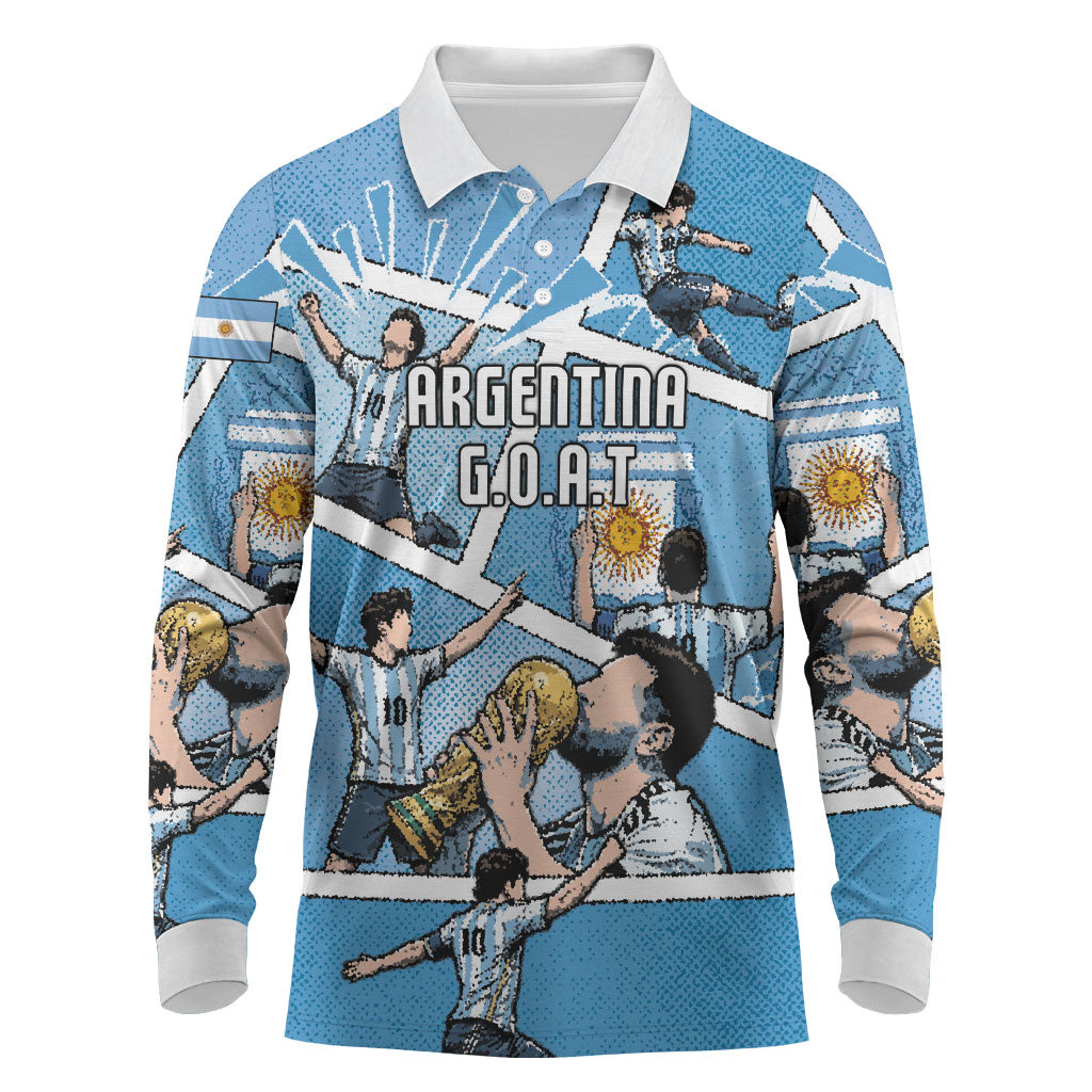 Custom Argentina Football Long Sleeve Polo Shirt Goat Comic Style Sun Of May DT05 Blue - Polynesian Pride