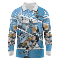 Custom Argentina Football Long Sleeve Polo Shirt Goat Comic Style Sun Of May DT05 Blue - Polynesian Pride