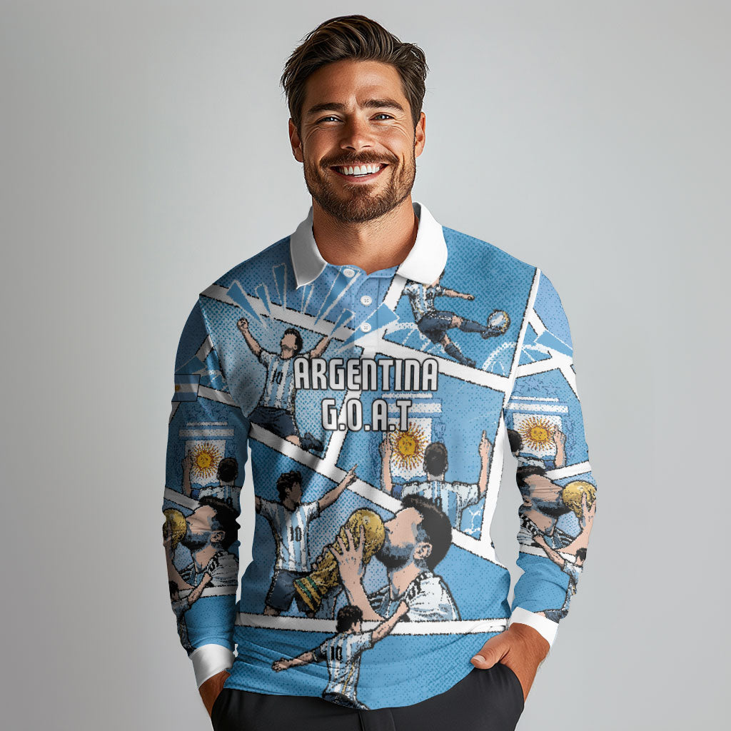 Custom Argentina Football Long Sleeve Polo Shirt Goat Comic Style Sun Of May DT05 - Polynesian Pride