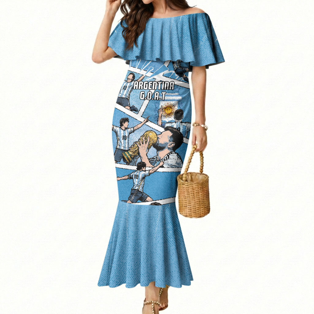 Custom Argentina Football Mermaid Dress Goat Comic Style Sun Of May DT05 Women Blue - Polynesian Pride
