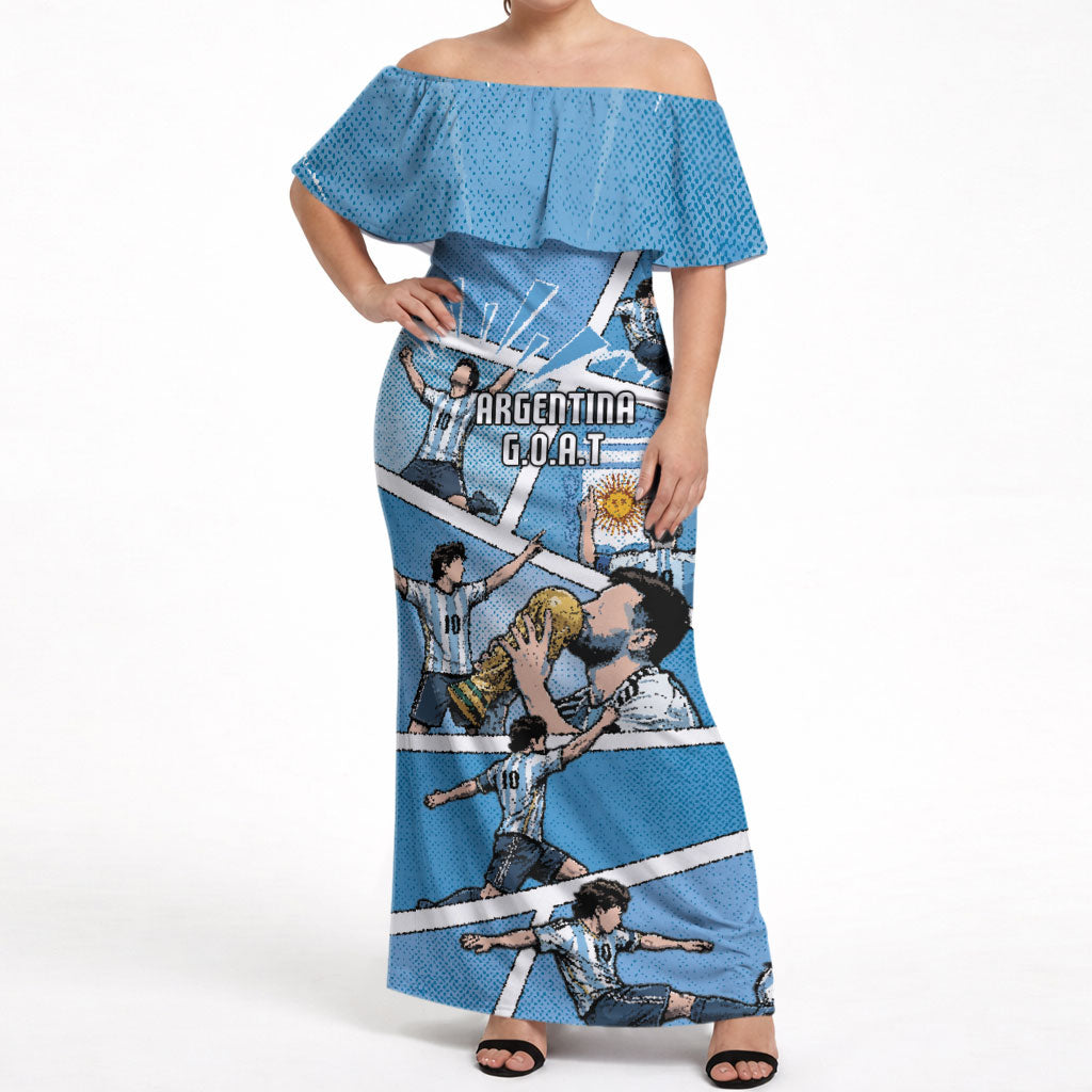 Custom Argentina Football Off Shoulder Maxi Dress Goat Comic Style Sun Of May DT05 Women Blue - Polynesian Pride