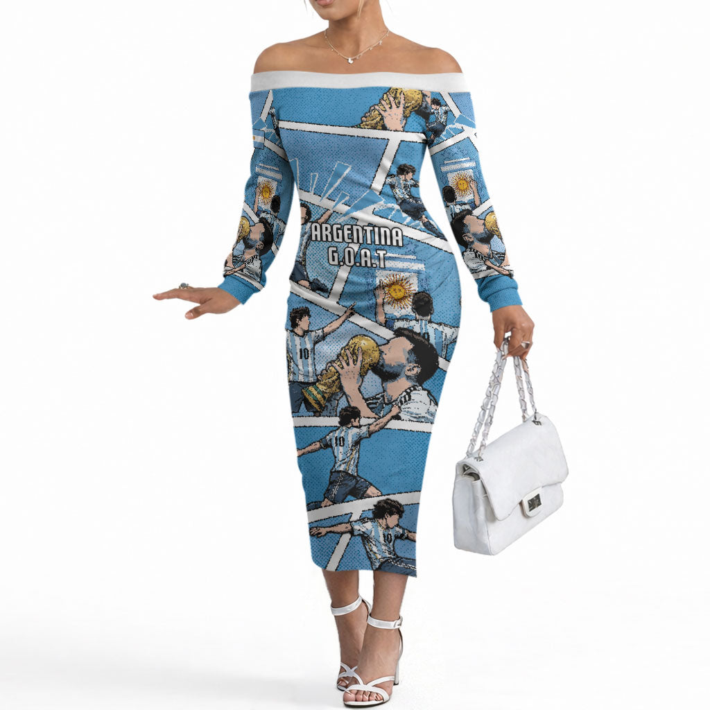 Custom Argentina Football Off The Shoulder Long Sleeve Dress Goat Comic Style Sun Of May DT05 Women Blue - Polynesian Pride