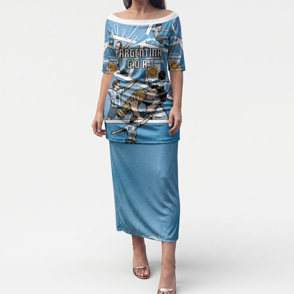 Custom Argentina Football Puletasi Goat Comic Style Sun Of May DT05 Long Dress Blue - Polynesian Pride