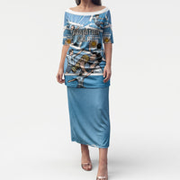 Custom Argentina Football Puletasi Goat Comic Style Sun Of May DT05 Long Dress Blue - Polynesian Pride