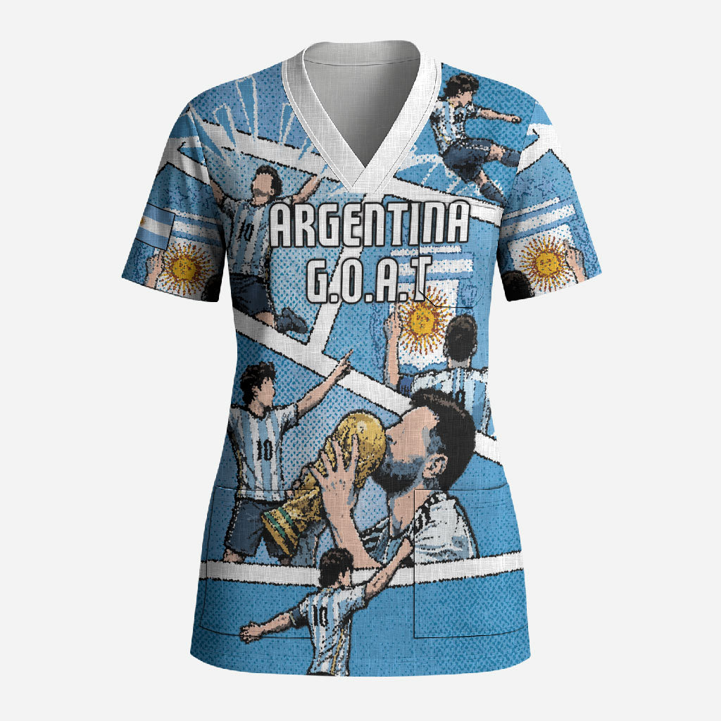 Custom Argentina Football Scrub Top Goat Comic Style Sun Of May DT05 Adult Blue - Polynesian Pride