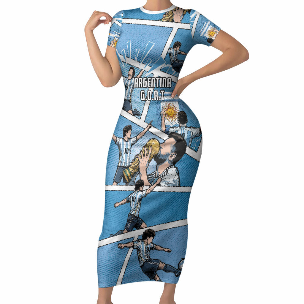 Custom Argentina Football Short Sleeve Bodycon Dress Goat Comic Style Sun Of May DT05 Long Dress Blue - Polynesian Pride