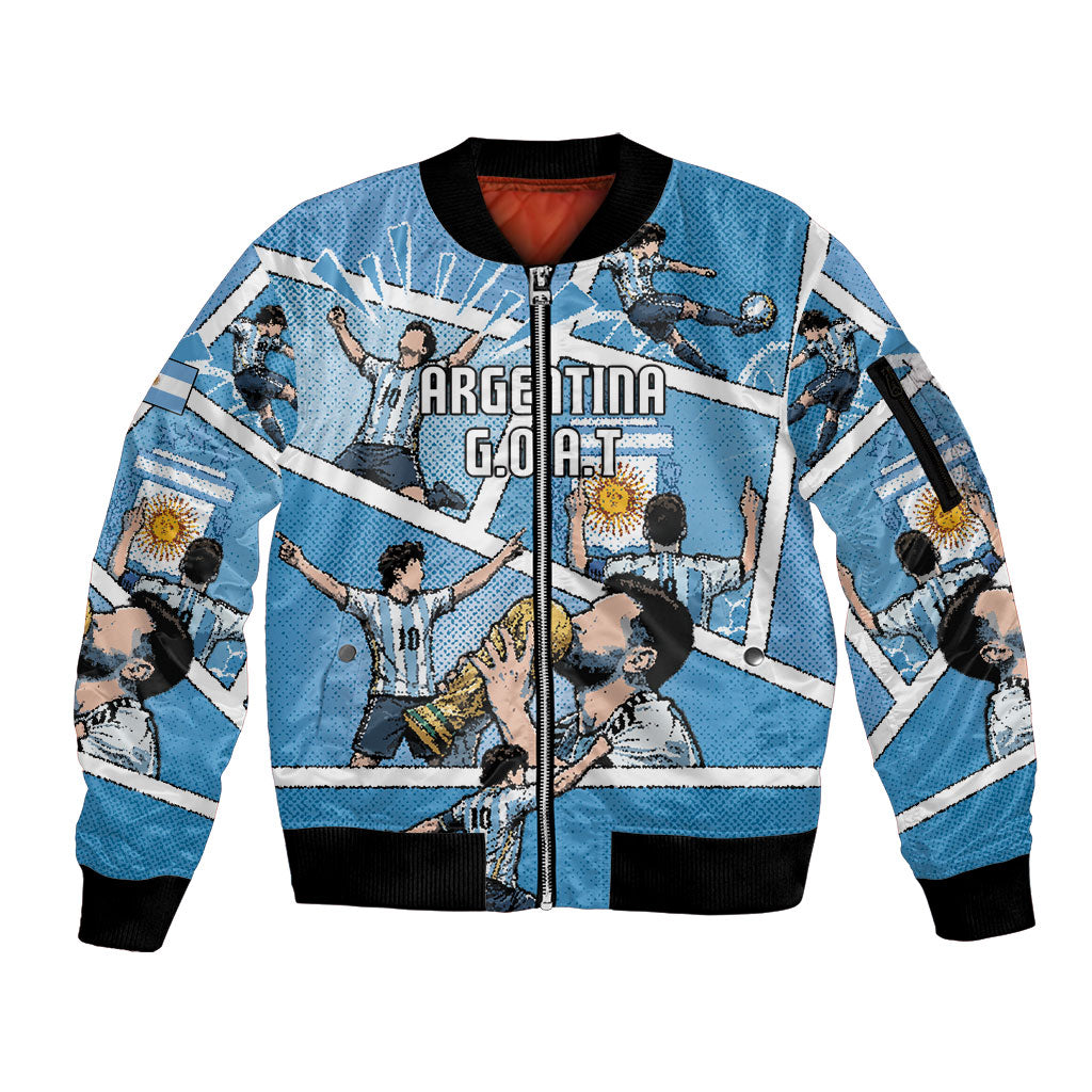 Custom Argentina Football Sleeve Zip Bomber Jacket Goat Comic Style Sun Of May DT05 Unisex Blue - Polynesian Pride