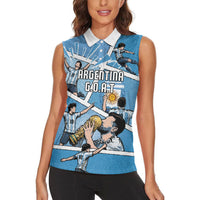 Custom Argentina Football Women Sleeveless Polo Shirt Goat Comic Style Sun Of May DT05 - Polynesian Pride