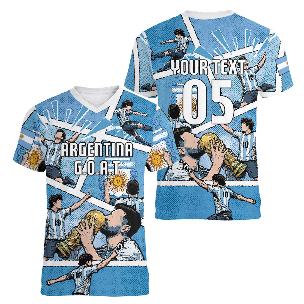 Custom Argentina Football Women V-Neck T-Shirt Goat Comic Style Sun Of May DT05 - Polynesian Pride