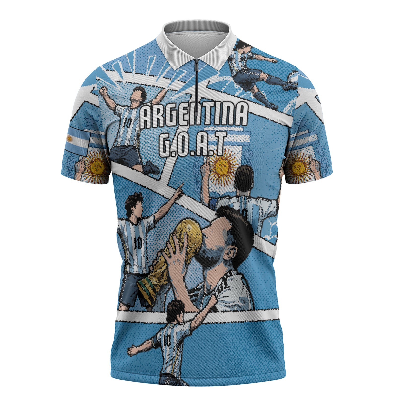 Custom Argentina Football Zipper Polo Shirt Goat Comic Style Sun Of May DT05 Blue - Polynesian Pride