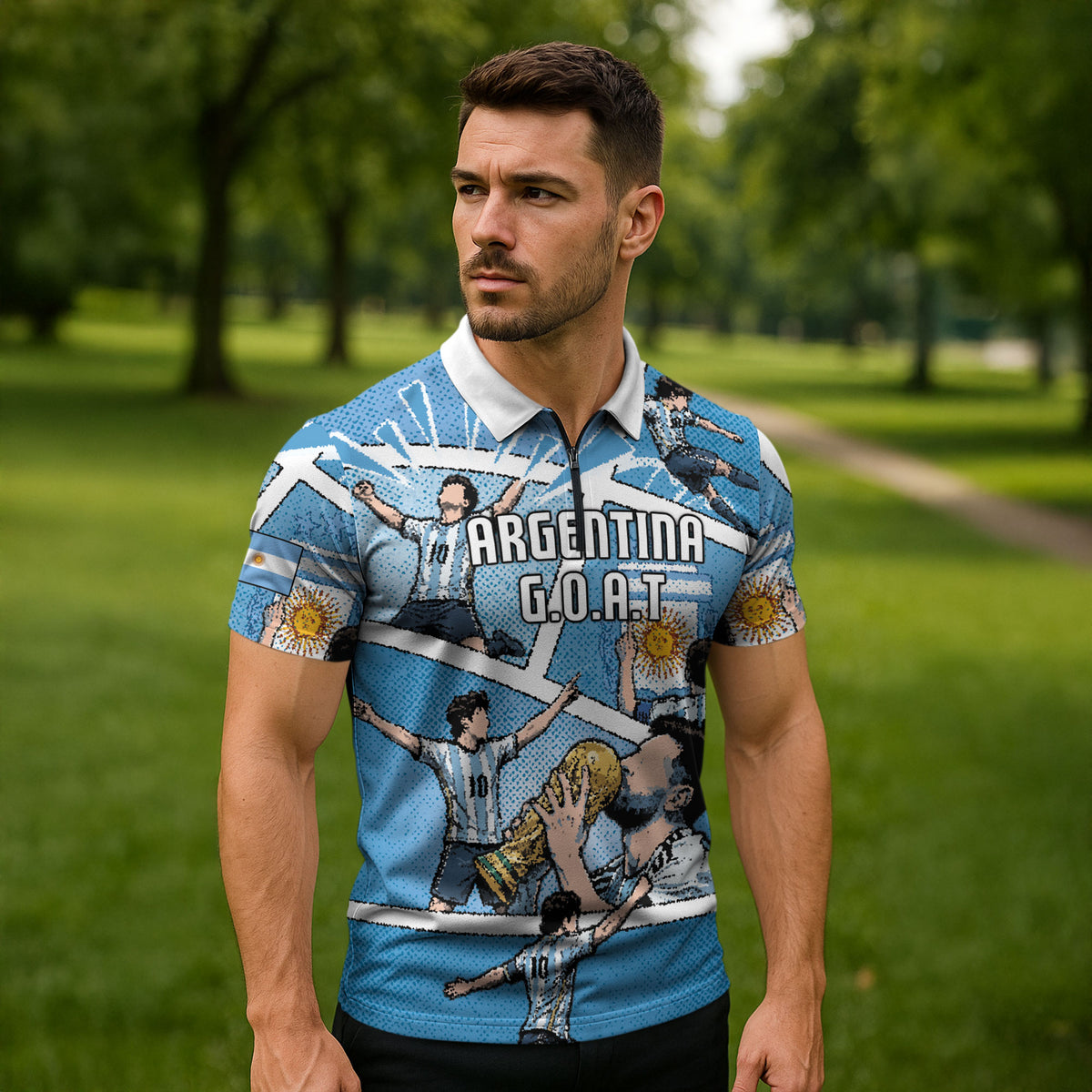 Custom Argentina Football Zipper Polo Shirt Goat Comic Style Sun Of May DT05 - Polynesian Pride