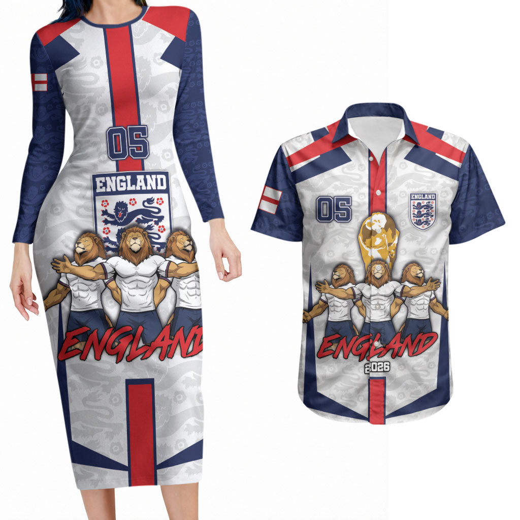 Custom England Football Couples Matching Long Sleeve Bodycon Dress and Hawaiian Shirt Three Lions Trophy St George Cross DT05 White - Polynesian Pride