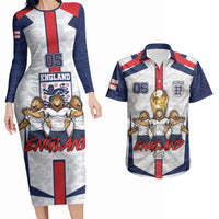 Custom England Football Couples Matching Long Sleeve Bodycon Dress and Hawaiian Shirt Three Lions Trophy St George Cross DT05 White - Polynesian Pride
