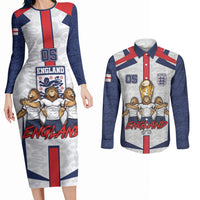 Custom England Football Couples Matching Long Sleeve Bodycon Dress and Long Sleeve Button Shirt Three Lions Trophy St George Cross DT05 White - Polynesian Pride