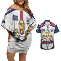 Custom England Football Couples Matching Off Shoulder Short Dress and Hawaiian Shirt Three Lions Trophy St George Cross DT05 White - Polynesian Pride