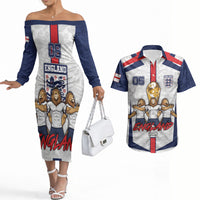 Custom England Football Couples Matching Off The Shoulder Long Sleeve Dress and Hawaiian Shirt Three Lions Trophy St George Cross DT05 White - Polynesian Pride