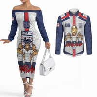 Custom England Football Couples Matching Off The Shoulder Long Sleeve Dress and Long Sleeve Button Shirt Three Lions Trophy St George Cross DT05 White - Polynesian Pride