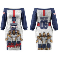 Custom England Football Couples Matching Off The Shoulder Long Sleeve Dress and Long Sleeve Button Shirt Three Lions Trophy St George Cross DT05 - Polynesian Pride